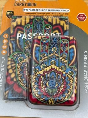 Miami  Multicolor Hamsa RFID Aluminum Wallet & Passport Set